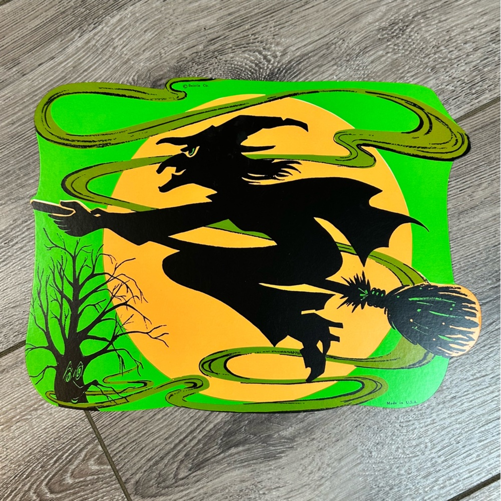 Vintage Witch on broom Beistle Green Orange fluorescent Decorative Cutout Diecut